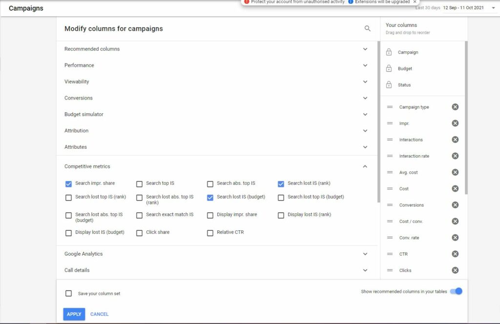 Example of how to modify columns to show Impression Share in Google Ads Dashboard