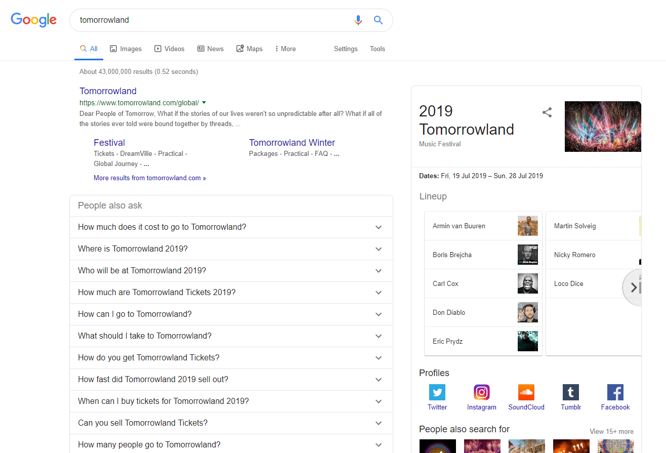 Google Search results for Tomorrowland Festival 