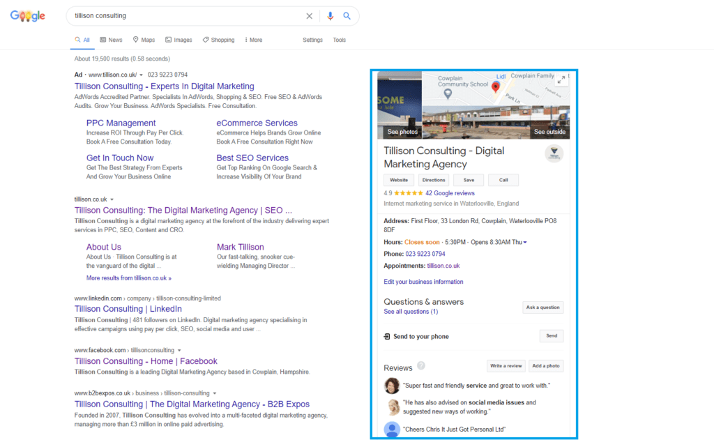 Google My Business listing, as it appears in the SERPs