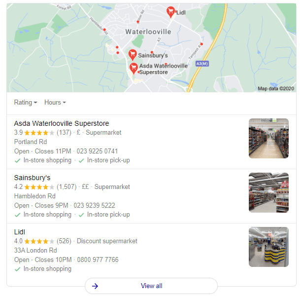 Google local pack showing Asda, Sainsbury's and Lidl