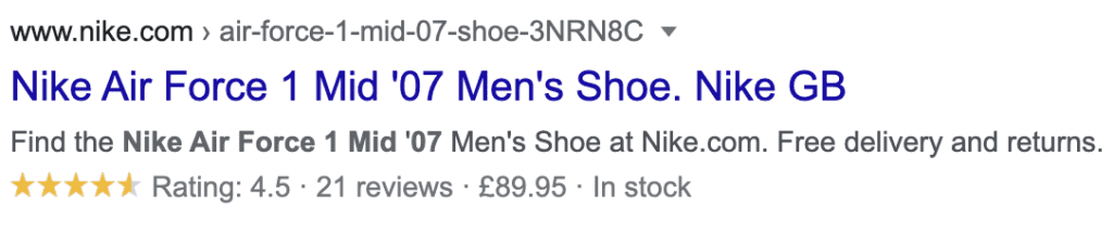 Nike trainers SERP example using structured data
