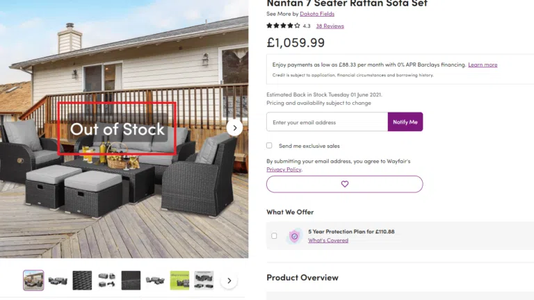 Wayfair Out of Stock Product Screenshot |Product Unavailable: eCommerce SEO practices