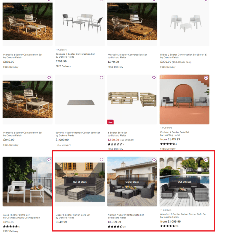 Wayfair Out of Stock Category Screenshot |Product Unavailable: eCommerce SEO practices