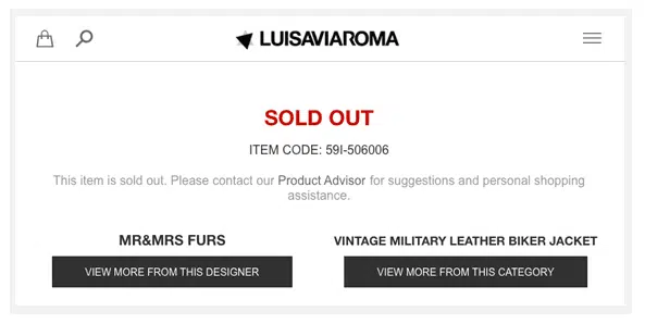 Luisaviaroma Out of Stock Example |Product Unavailable: eCommerce SEO practices