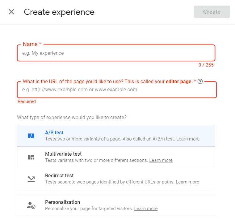 Creating experience - how to use Google Optimize