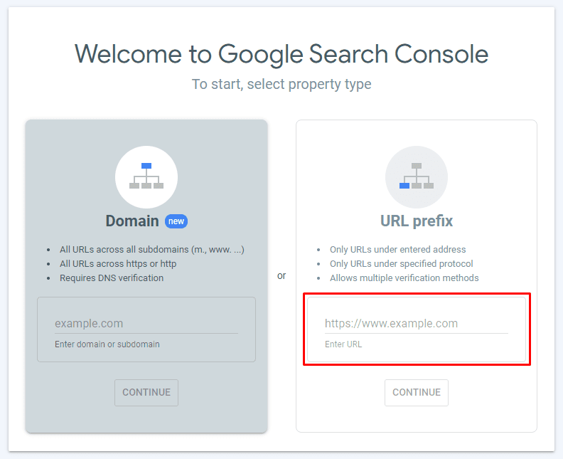 Screenshot of the set-up of Google Search Console showing to paste a URL