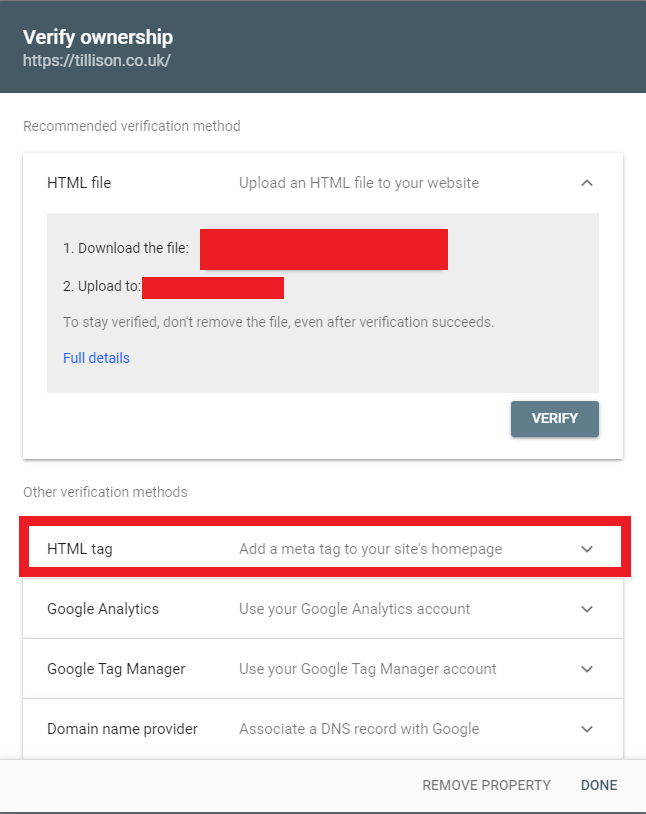 example showing where to find the HTML code in Google search console