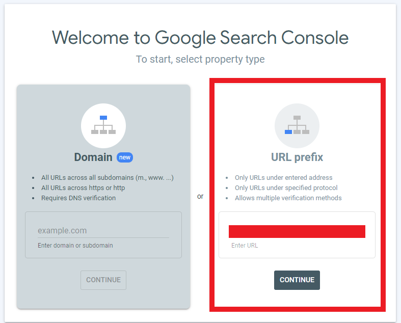 example of adding a property to Google Search Console