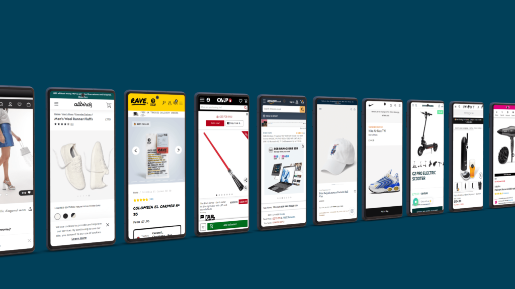 mobiles showing different eCommerce sites