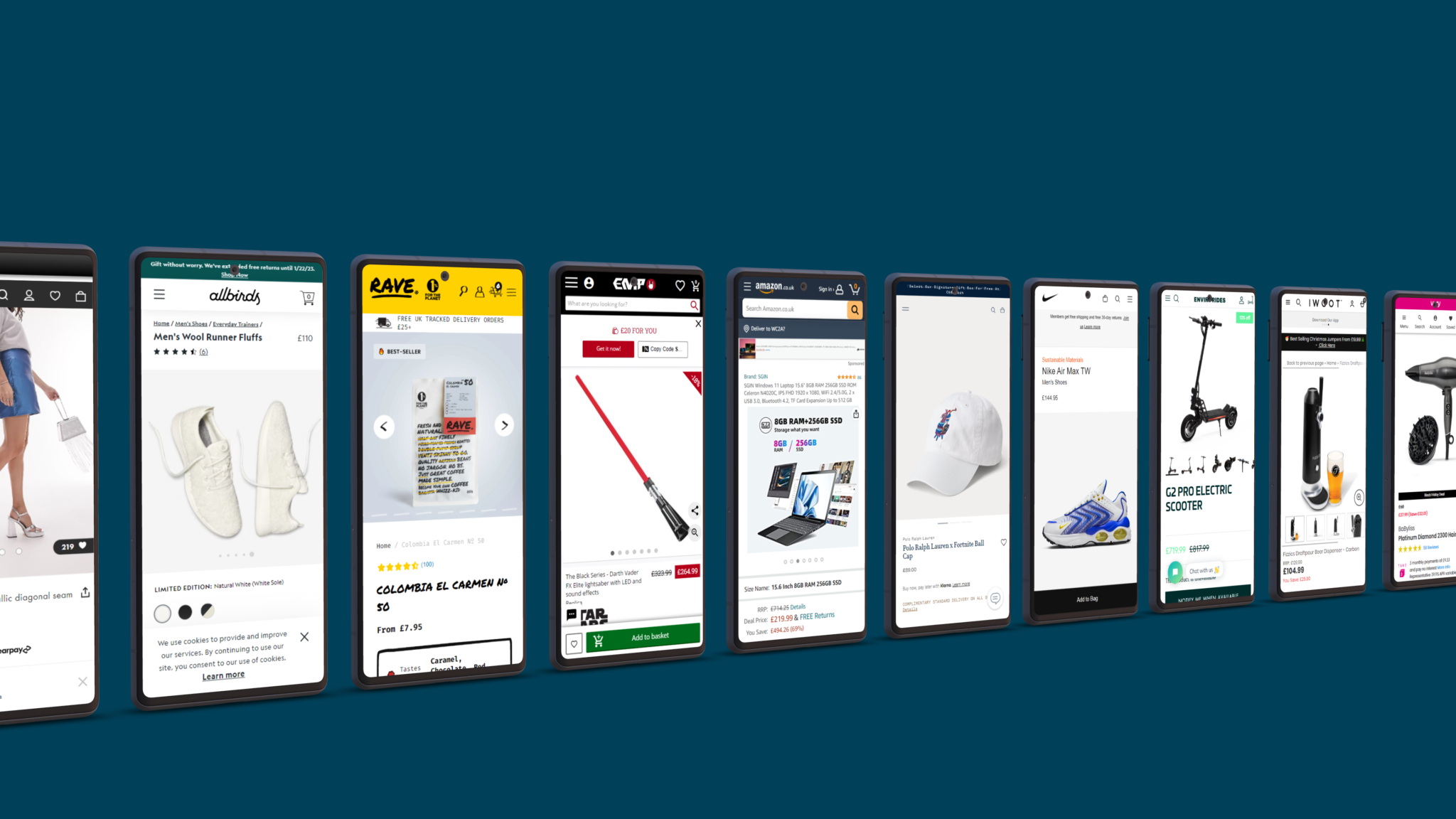 Numerous phone displays showing product pages