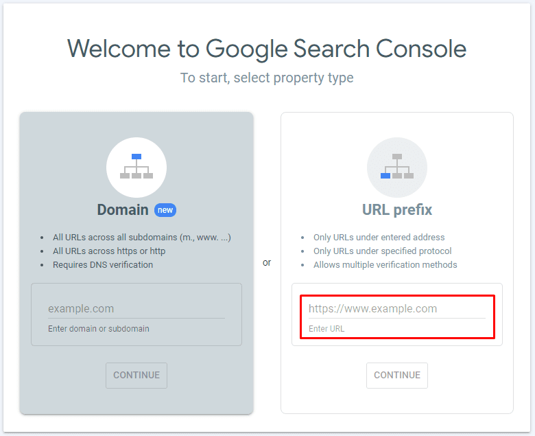 The options to set up a Property in Google Search Console