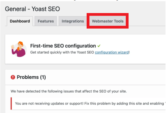 Where to locate the webmasters tool option in Yoast