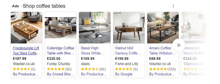An example of product thumbnails in search engines