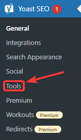 The Yoast SEO interface with an arrowing pointing to "tools"