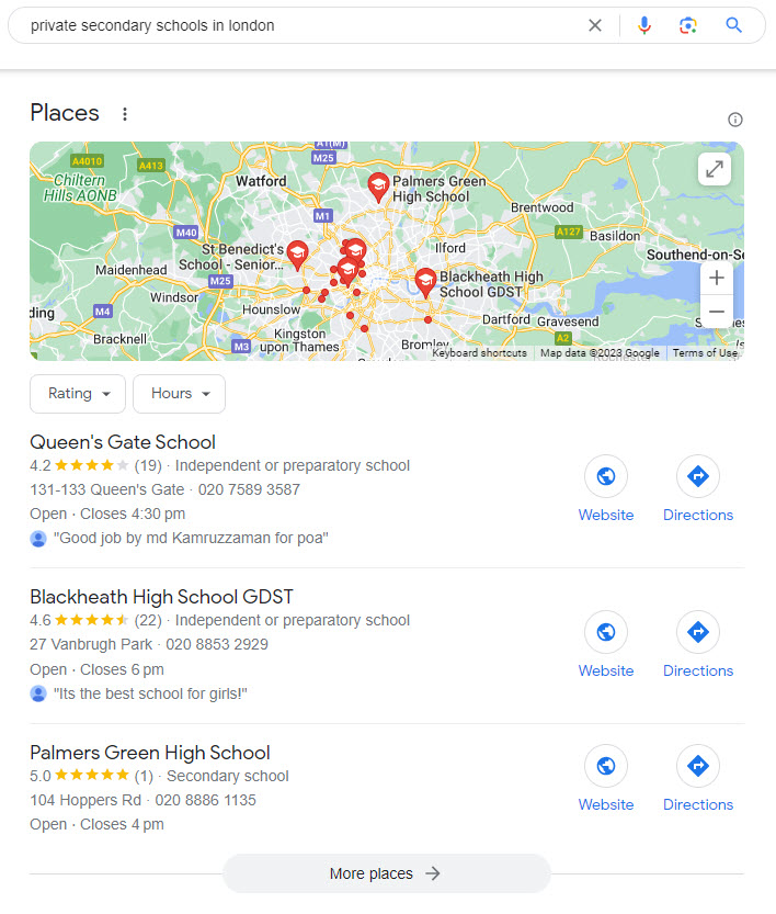 Independent schools showing in the Google Maps pack