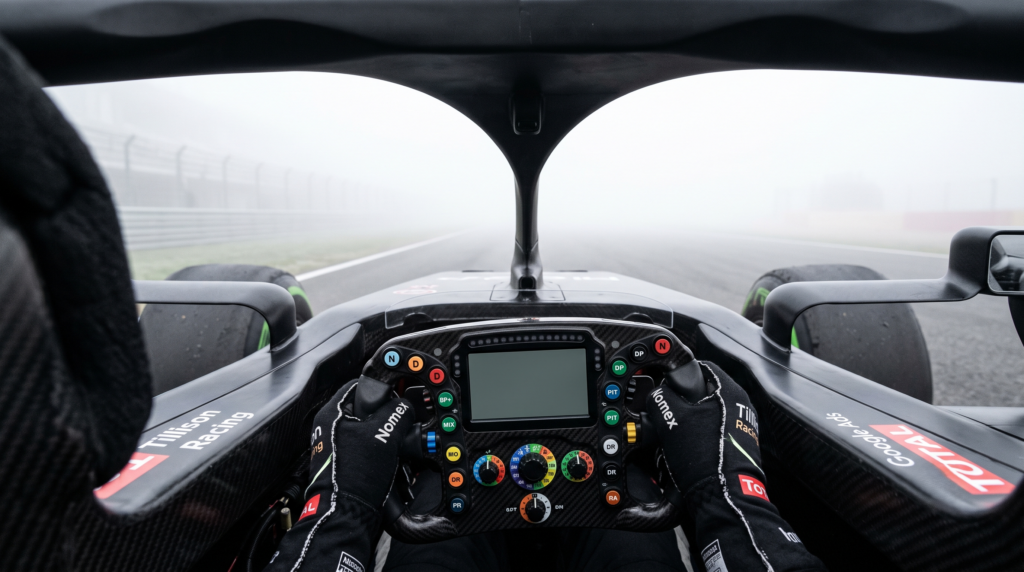 Foggy race car cockpit with blank screens, representing poor conversion tracking in Google Ads.
