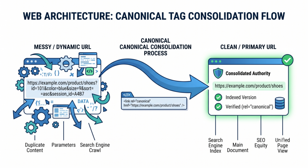 Diagram demonstrating how canonical tags in SEO consolidate messy dynamic URLs into a single clean primary URL.