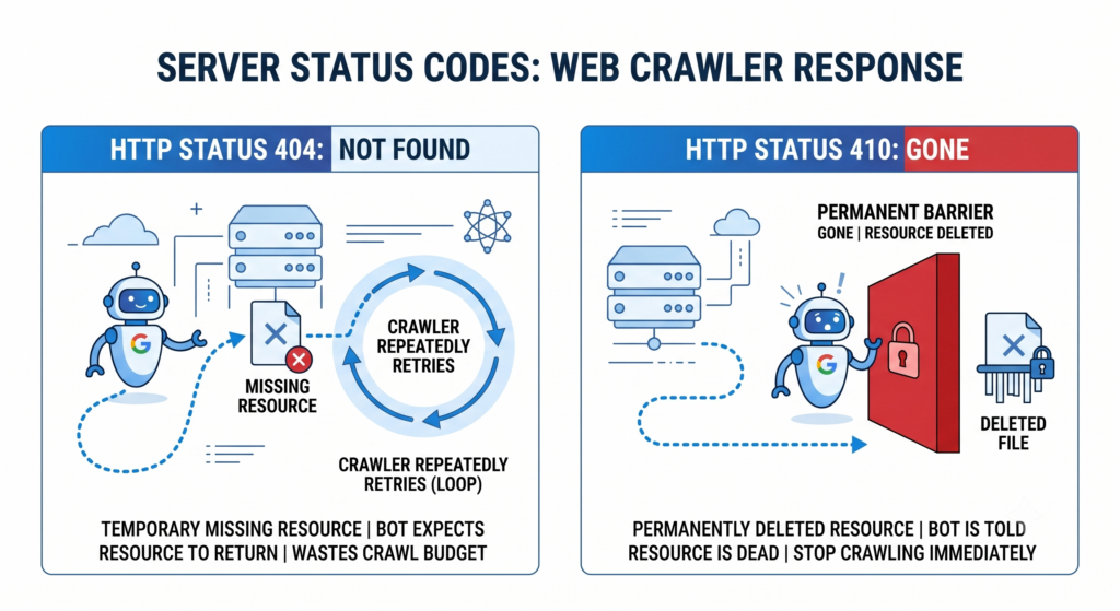 A technical diagram comparing web crawler responses, illustrating why a 410 'gone' status code acts as a permanent barrier compared to the repeating loop of a 404 error.