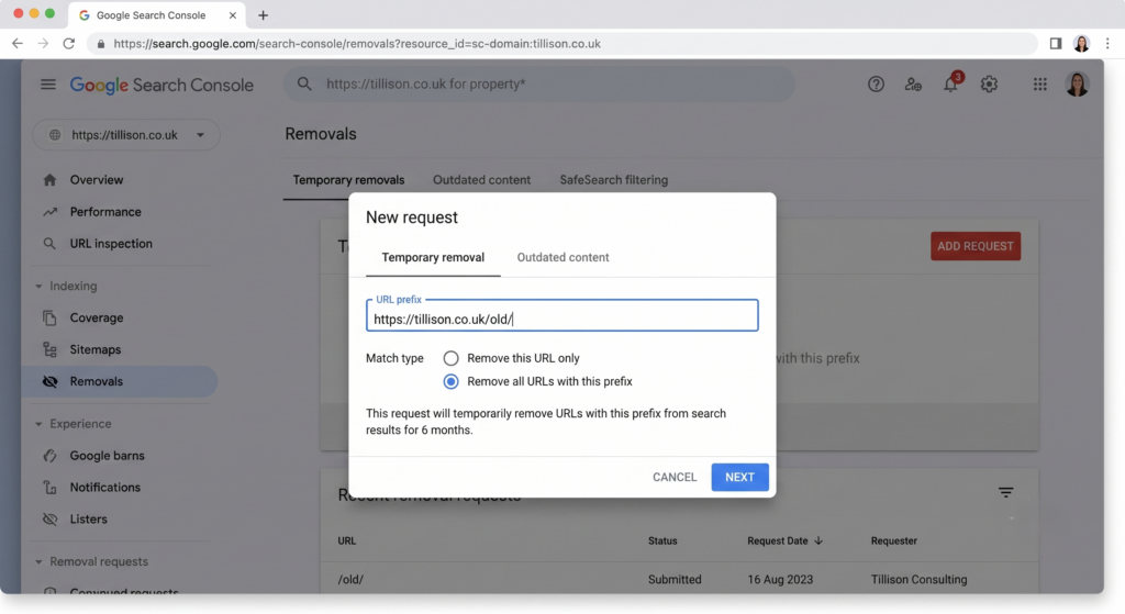 The Search Console removals tool interface demonstrating how to bulk remove URLs from Google and effectively remove hacked URLs from Google search results using a directory prefix match.