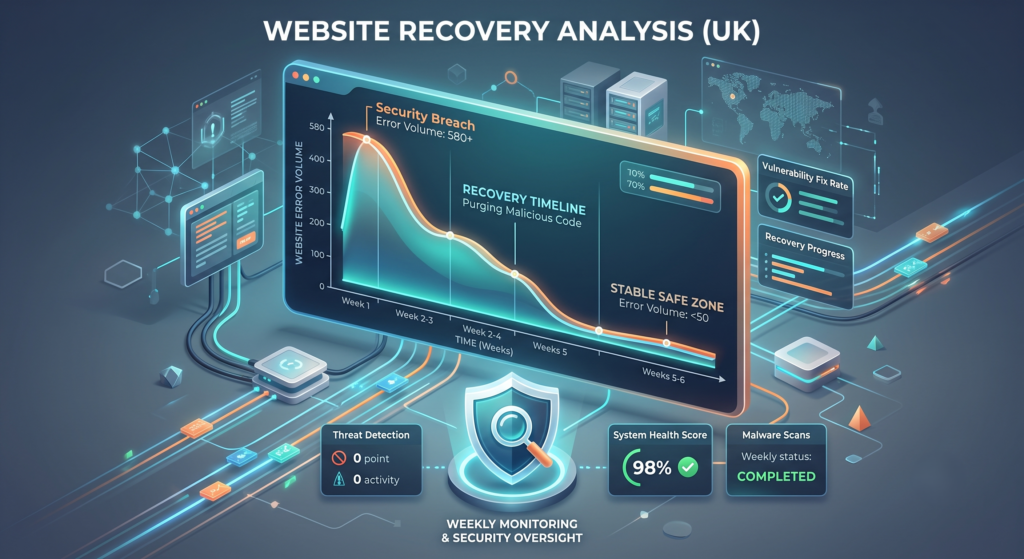 A 3D data dashboard illustrating a hacked website recovery timeline, showing a sharp decline in error volumes as security teams successfully resolve hacked URL injection with Google.