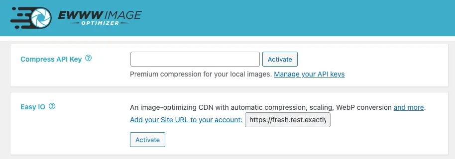 EWWW Image Optimizer settings in WordPress, showing the API key and Easy IO
