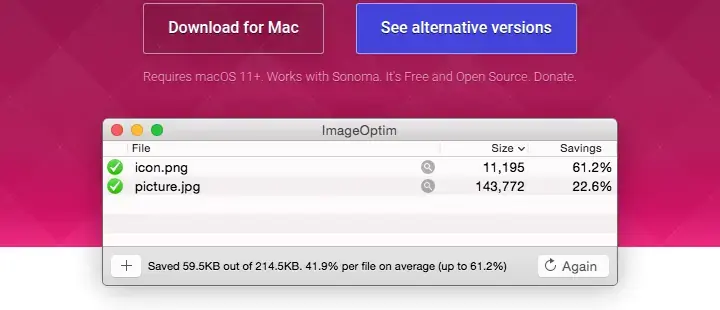 ImageOptim on a Mac, showing the file-size saving on two images