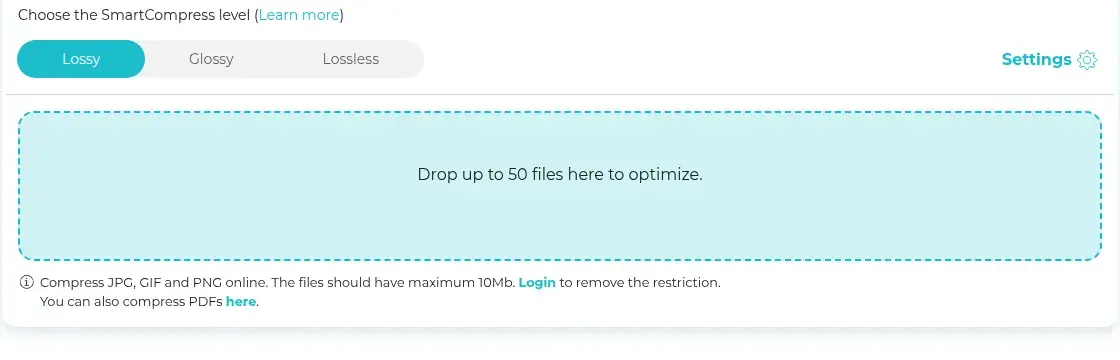 ShortPixel online compressor with Lossy selected, beside Glossy and Lossless