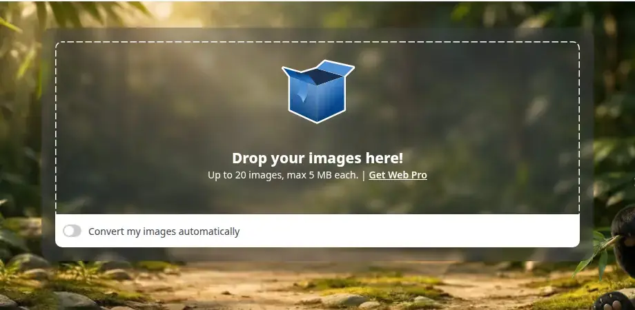 TinyPNG drop area for a batch of up to 20 images, 5 MB each